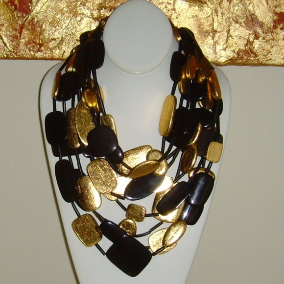 MONIES Gerda Lynggard Multi-Strand Black and Gold Leaf Statement Necklace - Picture 3 of 16